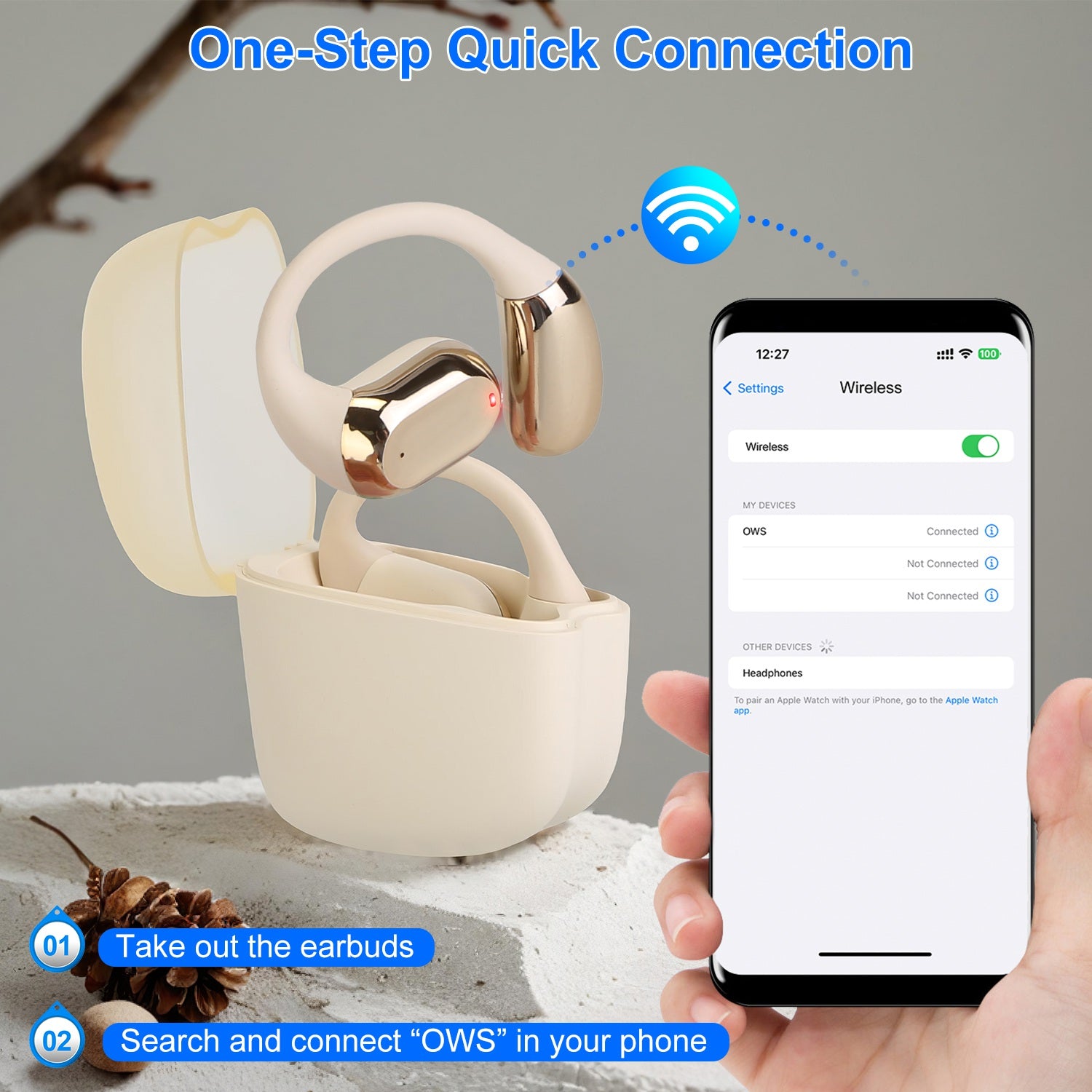 Open-Ear Wireless V5.4 Earbuds, LED Display Case, IPX7 Waterproof, Touch Control
